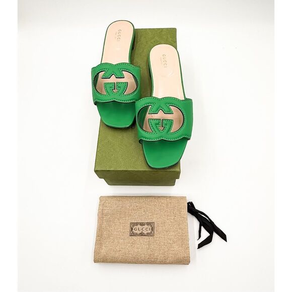 Gucci Shoes - Gucci Cosmos Softy Interlocking GG Green Leather Sandals Flats 8